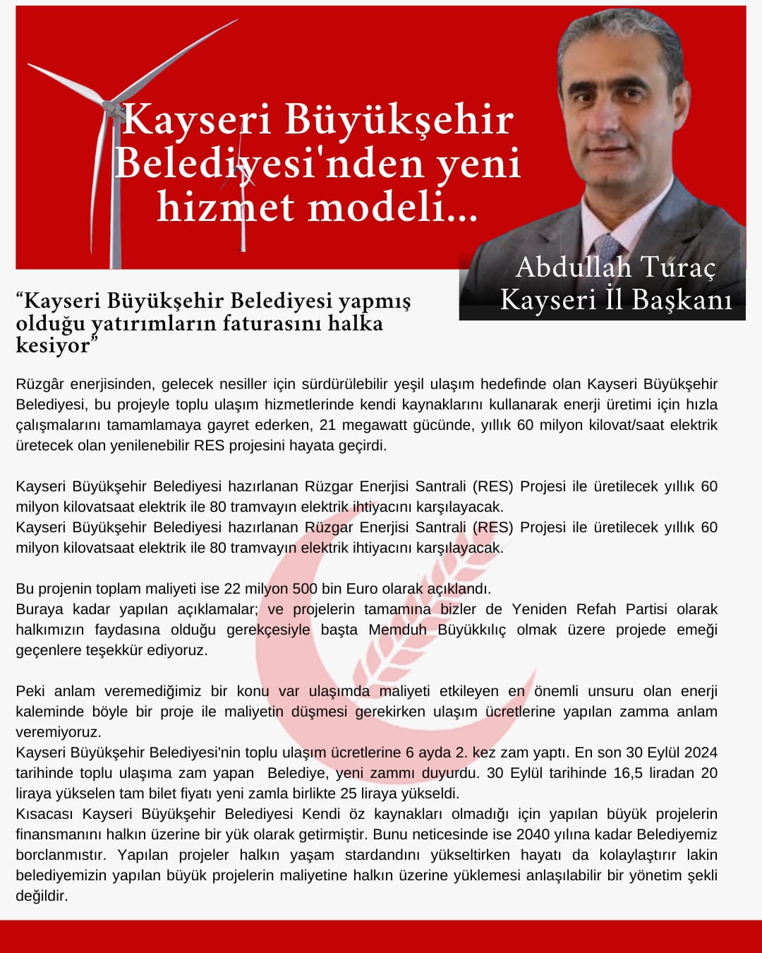Kayseri'de Rüzgar Enerjili Tramvay Projesi ve Ulaşım Zamları Tartışması